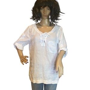 LRL Lauren Ralph Lauren White Linen Roll-Tab 3/4 Sleeves Tunic Top Sz Large VGC